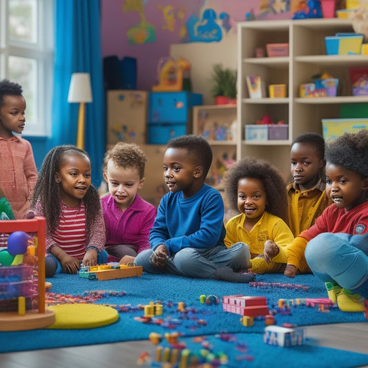 A vibrant, clutter-free playroom scene featuring a diverse group of happy children aged 4-10, surrounded by an assortment of colorful, innovative educational toys and board games.