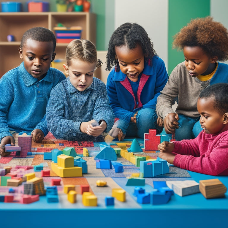 An illustration of a diverse group of children with special needs, each working on a unique math puzzle or game, surrounded by colorful blocks, shapes, and manipulatives, with a subtle background of a tailored, fitted garment.