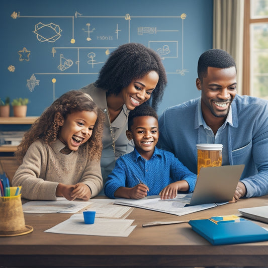 A warm and inviting illustration featuring a smiling parent and child sitting at a desk, surrounded by laptops and math worksheets, with a subtle background of math symbols and shapes.