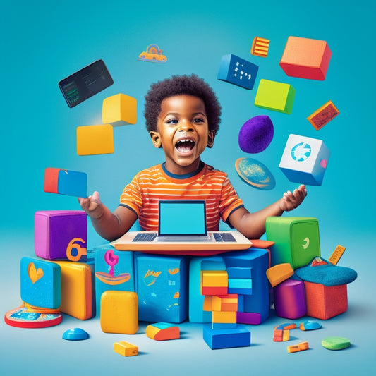 A colorful illustration of a happy child surrounded by floating tablets, smartphones, and laptops, with educational icons like ABC blocks, math symbols, and cartoon characters.