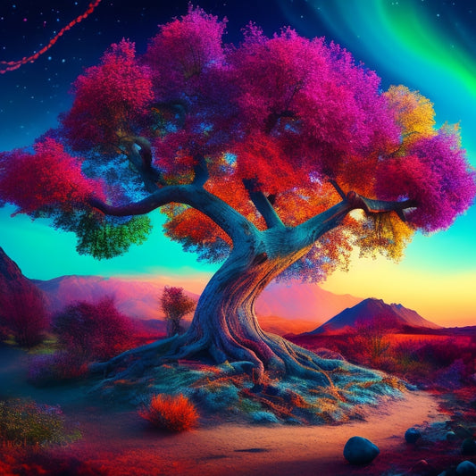 A whimsical, surreal landscape with vibrant, swirling brushstrokes, featuring a majestic, glowing tree with roots that transform into paintbrushes, surrounded by floating musical notes and scattered, shimmering gemstones.