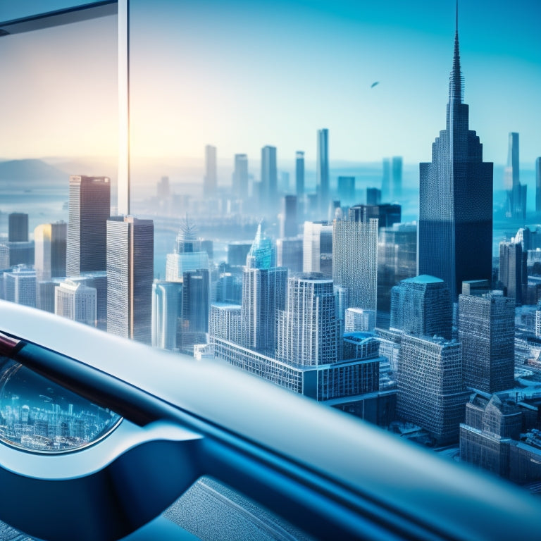 A stylized, minimalist illustration featuring a magnifying glass hovering above a scattered array of numbers, charts, and graphs, with a subtle cityscape or business district background.