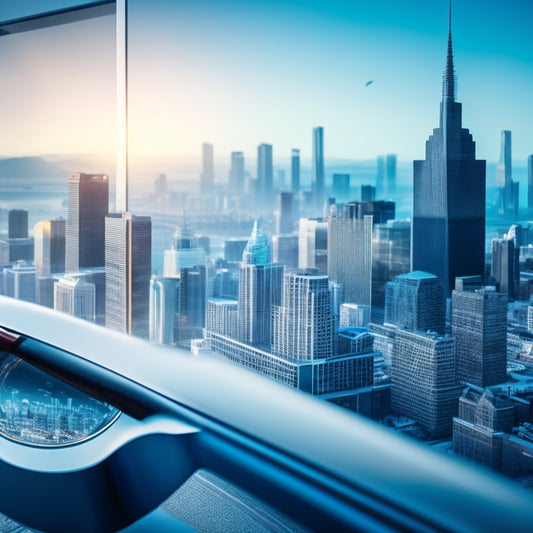 A stylized, minimalist illustration featuring a magnifying glass hovering above a scattered array of numbers, charts, and graphs, with a subtle cityscape or business district background.
