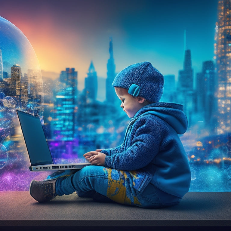 A colorful illustration of a child sitting in front of a laptop, surrounded by thought bubbles filled with puzzles, brain teasers, and logical sequences, with a subtle cityscape or futuristic background.