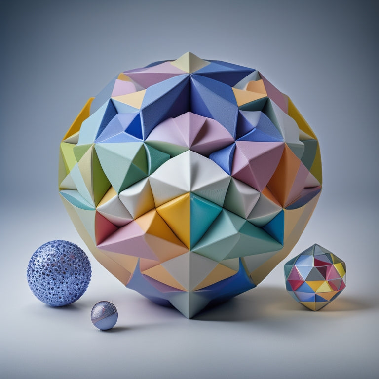 An intricately arranged composition of 5-7 colorful, interconnected geometric shapes, including a sphere, pyramid, and tessellated triangles, set against a clean, white background with subtle shadows.