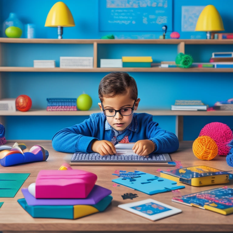 A colorful illustration of an elementary-aged student sitting at a desk, surrounded by tablets and laptops, with math problems and puzzles floating around, and a subtle background of a school or classroom.