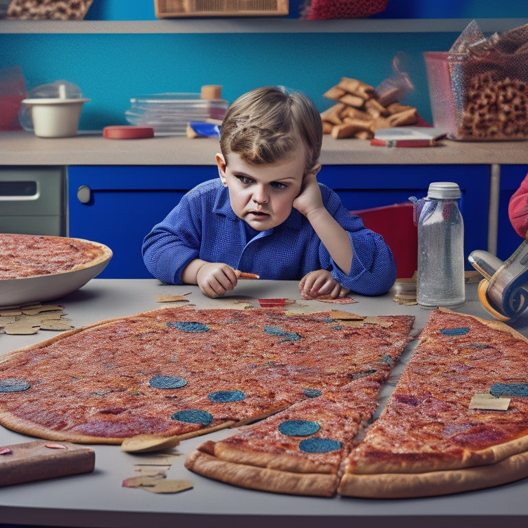 An illustration of a puzzled child surrounded by fragmented pizzas, broken rulers, and scattered coins, with confused expressions and scribbled math problems in the background.