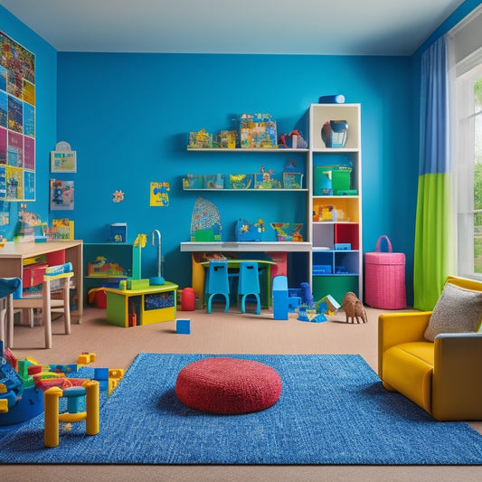 A colorful, clutter-free playroom with a child aged 4-6 surrounded by various educational toys, such as building blocks, puzzles, and a kid-friendly microscope, with a subtle background of brain development diagrams.