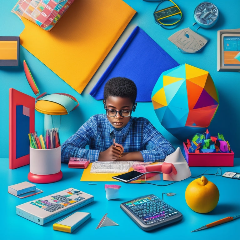 A colorful illustration of a 7th-grade student sitting at a desk, surrounded by math-related objects such as calculators, protractors, and geometric shapes, with a tablet or smartphone in the center.