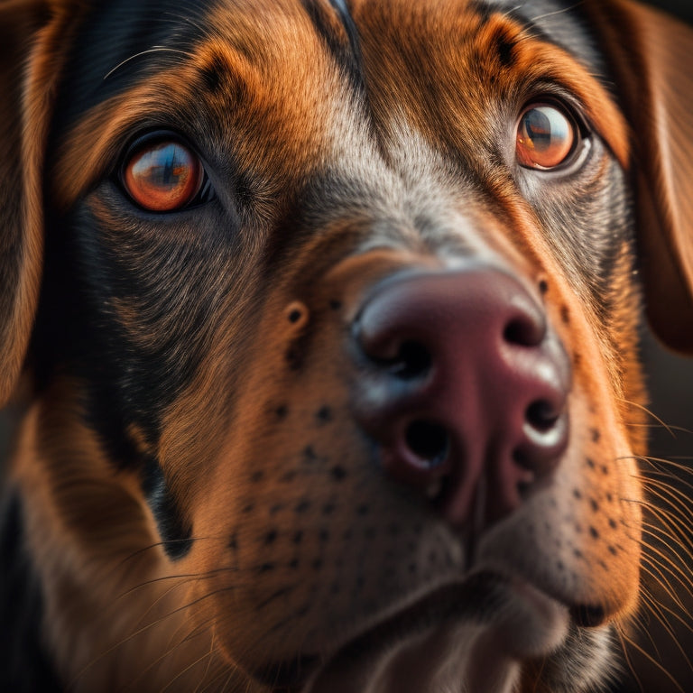 A serene, close-up portrait of a dog's face, with its ears slightly tilted, whiskers twitching, and eyes gazing upwards, conveying intense focus and curiosity.
