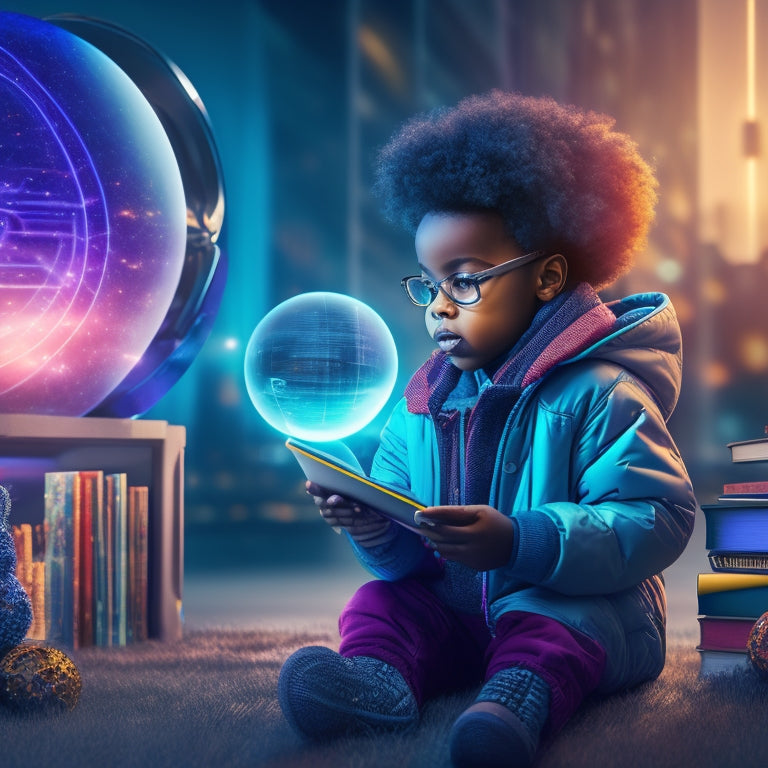 A colorful illustration of a curious child surrounded by futuristic gadgets, books, and glowing orbs, with a subtle cityscape or futuristic background, conveying a sense of innovation and limitless learning.