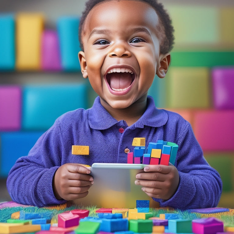 A colorful illustration of a smiling preschooler surrounded by digital devices (tablet, laptop, smartphone) with interactive reading apps and e-books open, amidst a background of building blocks and alphabet letters.