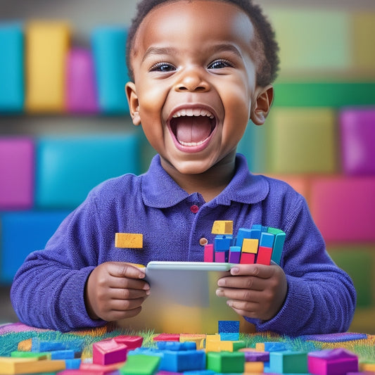 A colorful illustration of a smiling preschooler surrounded by digital devices (tablet, laptop, smartphone) with interactive reading apps and e-books open, amidst a background of building blocks and alphabet letters.