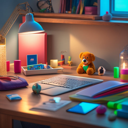 A clutter-free home desk with a laptop, a tablet, and a few educational toys in the background, surrounded by a subtle glow of soft, warm lighting, conveying a sense of comfort and learning.