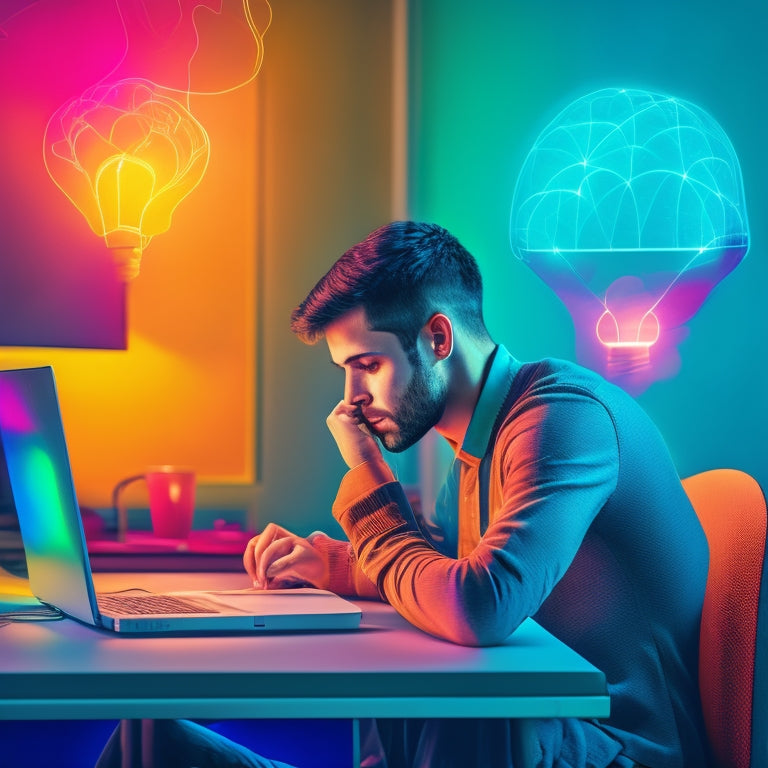 A colorful illustration of a student sitting in front of a laptop, surrounded by organized digital sticky notes, a timer, and a calm background, with a subtle brain outline glowing with bright ideas.