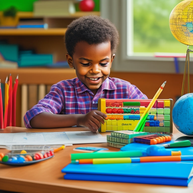 A clutter-free desk with a globe, calculator, geometry shapes, and a colorful abacus surrounded by open math workbooks, pencils, and a happy, focused child in the background.