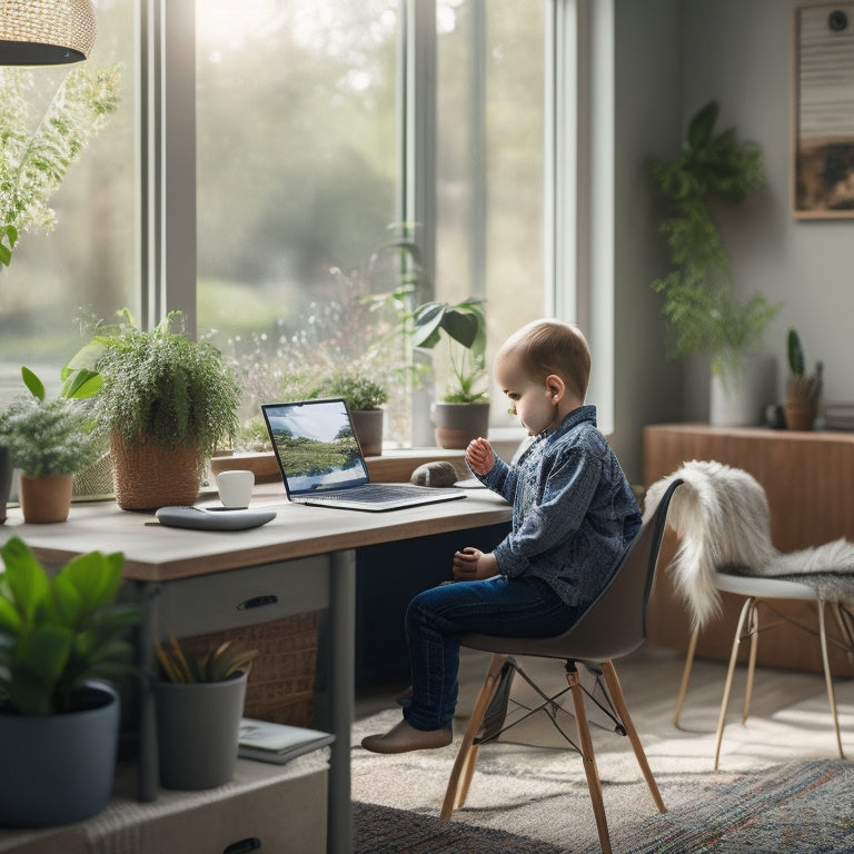 A serene home workspace with a laptop, notebook, and a happy child sitting at a desk, surrounded by calm colors, plants, and soft natural light, conveying organization and focus.