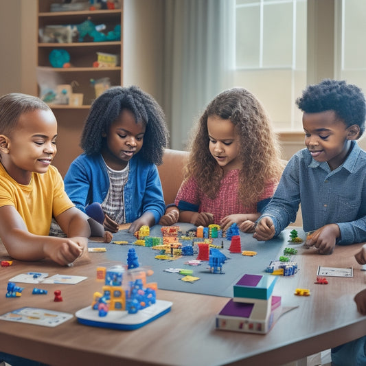 A colorful illustration of a group of diverse elementary-aged children gathered around a table, engaged in various math-based activities, with dice, blocks, and puzzle pieces scattered throughout.