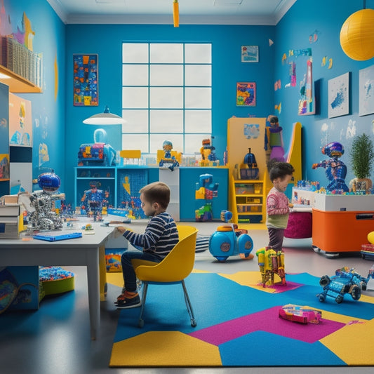 A colorful, clutter-free playroom with a mix of futuristic robots, coding blocks, and interactive boards surrounded by diverse, curious children aged 4-10, engaged in collaborative learning activities.