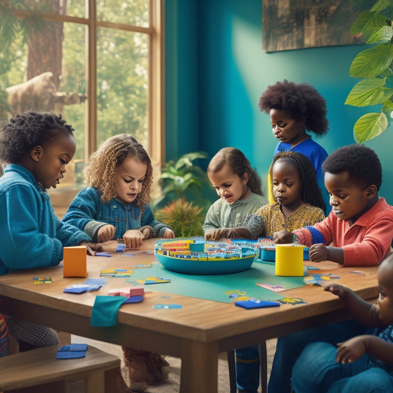 A colorful illustration depicting diverse children of varying abilities gathered around a table, engaged in math-based activities with blocks, puzzles, and games, surrounded by calming plants and natural light.