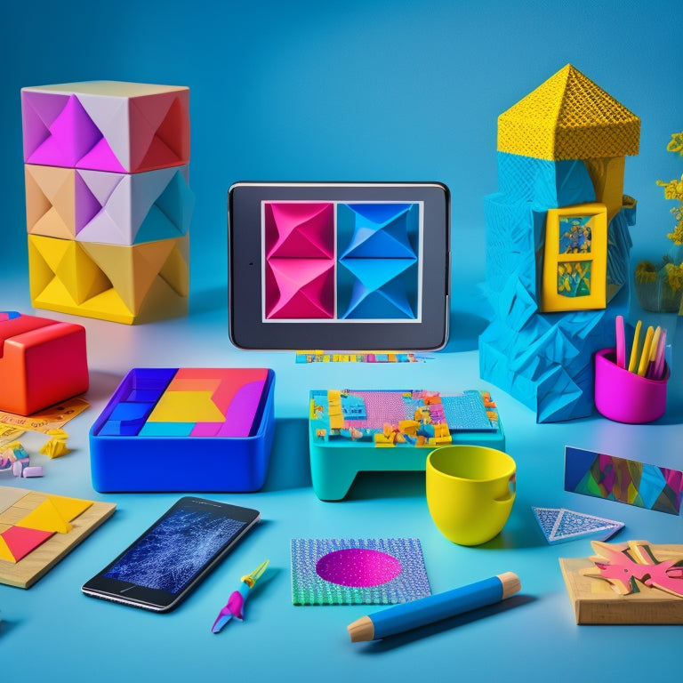A colorful, clutter-free desk with a tablet and stylus, surrounded by 3D shapes, pattern blocks, and a personalized math puzzle with a child's name, "Emma", subtly integrated into the design.