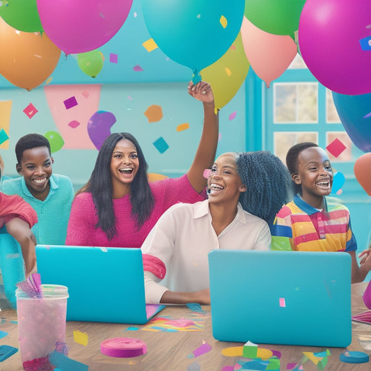 A colorful, whimsical illustration depicting a virtual classroom filled with diverse, smiling students engaged in math games on laptops and tablets, surrounded by floating math symbols and confetti.