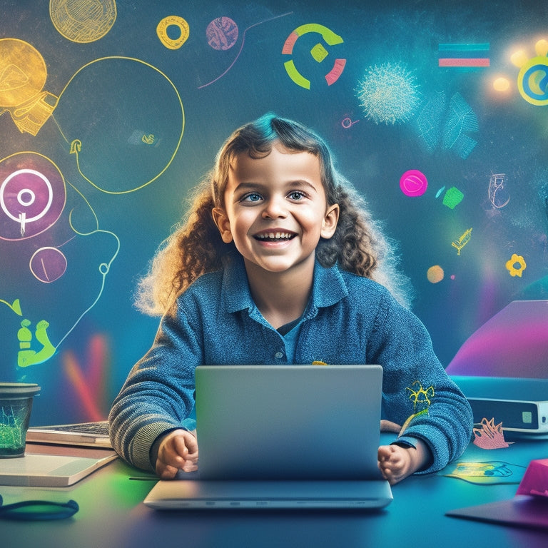A colorful illustration of a happy child sitting in front of a laptop, surrounded by various digital devices, with interactive learning icons and symbols floating above, connected by swirling lines and shapes.