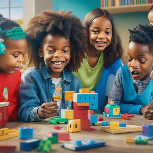 A colorful illustration of a diverse group of happy children engaged in various STEM activities on tablets, surrounded by robots, coding blocks, and 3D shapes, with a subtle cityscape background.