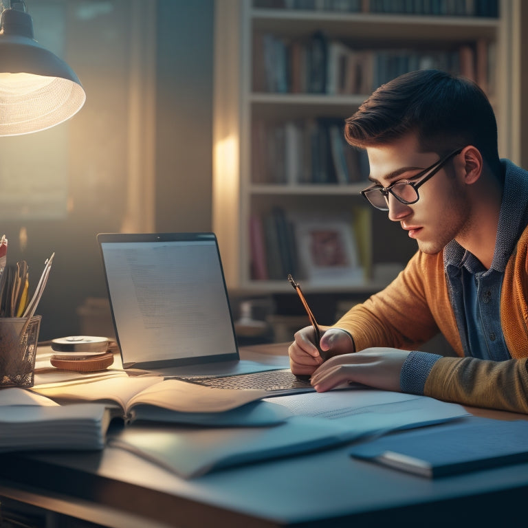 An illustration of a student sitting at a desk with a laptop open, surrounded by scattered math textbooks and notes, with a subtle glow emanating from the screen, symbolizing expert math homework help.