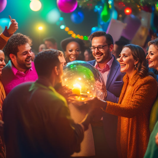 A colorful, dimly lit holiday party scene with a large, unwrapped Saran Wrap ball in the center, surrounded by excited friends and family members reaching in to grab prizes.