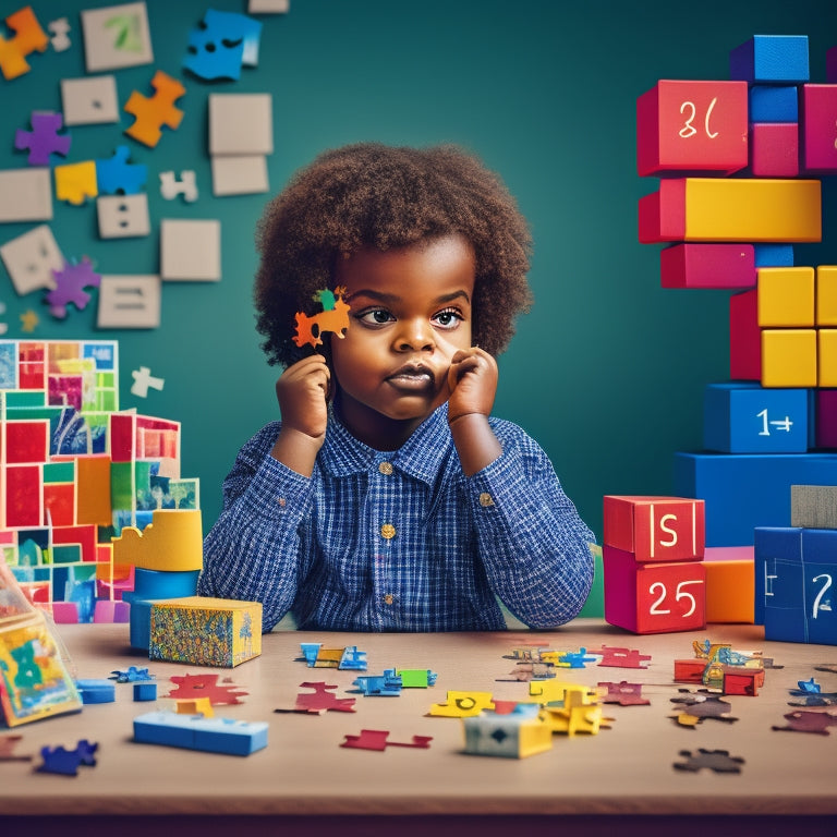 A colorful illustration of a kindergarten-aged child sitting at a desk, surrounded by puzzle pieces, blocks, and shapes, with a thought bubble above their head filled with math symbols and numbers.