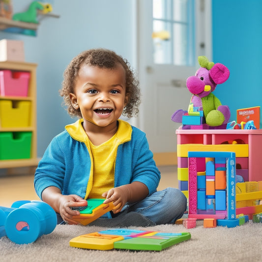 A colorful illustration of a happy, curious preschooler (3-4 years old) holding a LeapPad3 tablet, surrounded by toys, blocks, and learning materials, in a bright, playful, and clutter-free playroom.