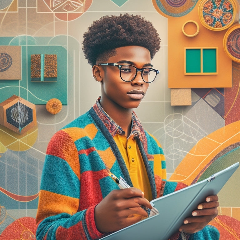 A stylized illustration of a high school student surrounded by swirling shapes and geometric patterns, with a tablet and pencil in hand, amidst a subtle grid background.
