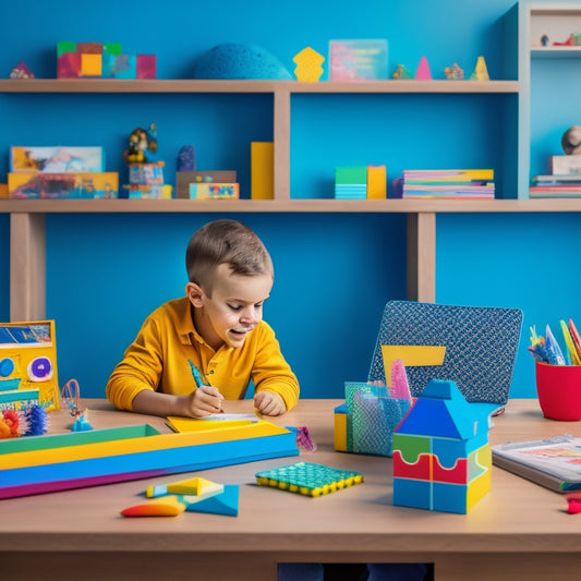 A colorful, clutter-free desk with a happy child sitting in front of a laptop, surrounded by math textbooks, colorful pens, and a few fun math-themed toys, like a geometric-shaped puzzle.