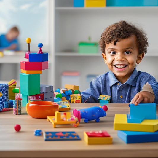 A colorful, clutter-free desk with a smiling child surrounded by math-themed toys, puzzles, and games, including a geometric shape sorter, a abacus, and a partially solved Rubik's Cube.