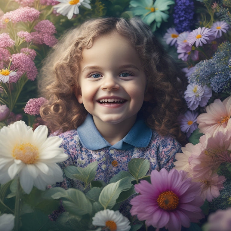 A serene, whimsical illustration of a smiling child surrounded by blooming flowers, puzzle pieces, and a subtle digital device with a gentle glow, conveying a sense of calm and support.