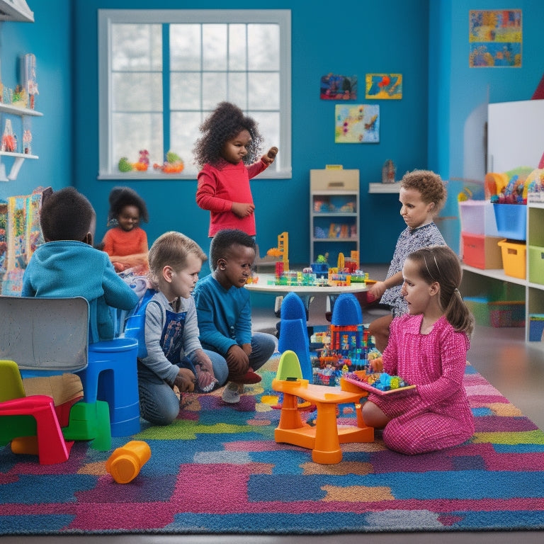 A colorful, clutter-free playroom with a diverse group of children (ages 4-8) engaged in various critical thinking activities, surrounded by puzzles, brain teasers, building blocks, and open-ended toys.