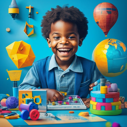 A colorful illustration featuring a smiling child surrounded by various STEM tools, including a geometric shape puzzle, a calculator, a microscope, and a globe, with a subtle math equation pattern in the background.