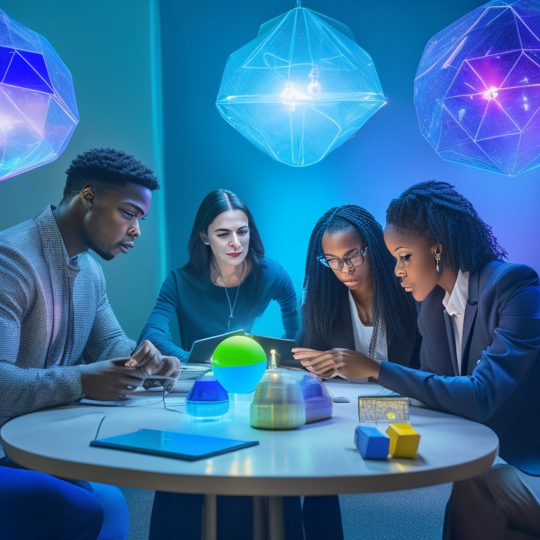 A vibrant, futuristic classroom scene with diverse students engaged in interactive math activities, surrounded by laptops, tablets, and colorful geometric shapes, with a subtle glowing lightbulb in the background.