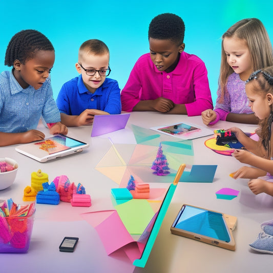 A colorful, clutter-free illustration featuring a diverse group of elementary students (ages 6-10) gathered around a virtual whiteboard, interacting with 3D shapes, graphs, and math problems on tablets and laptops.