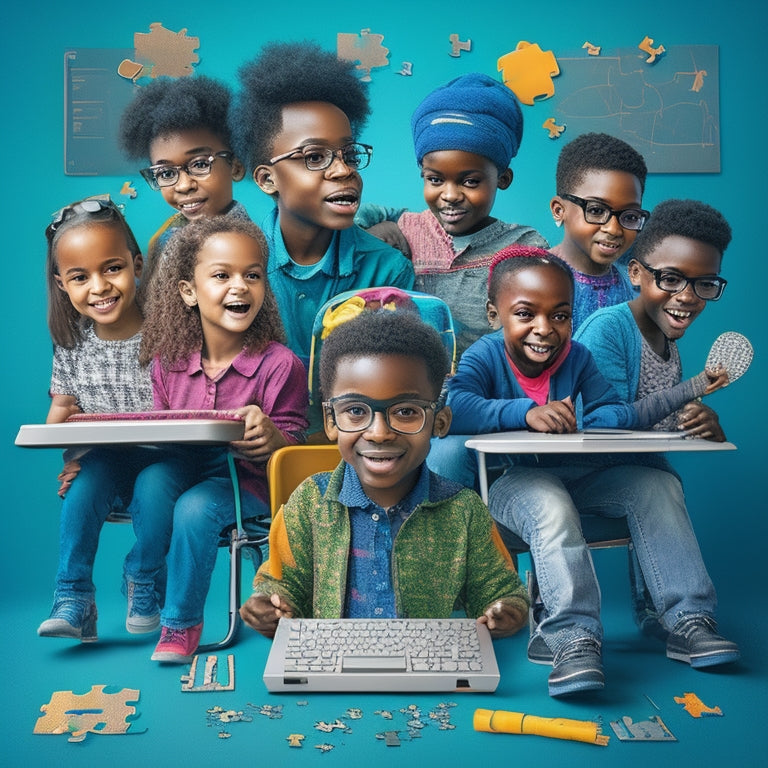 A colorful illustration of a diverse group of children with various disabilities (wheelchair, hearing aids, glasses) surrounded by tablets and laptops, with puzzle pieces and brain icons floating above, conveying learning and inclusivity.