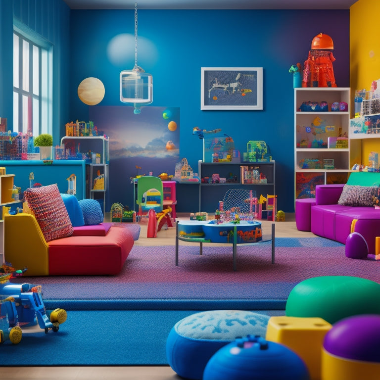 A colorful, clutter-free playroom with a diverse group of children aged 4-12, surrounded by various STEM toys, including building blocks, robotics, and coding tools, amidst a backdrop of futuristic cityscapes and planetary orbits.