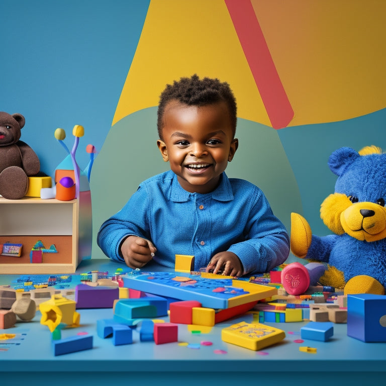 A colorful illustration of a smiling young child (3-5 years old) sitting at a desk, surrounded by tablets and educational toys, with math-related objects (blocks, counting bears, shapes) scattered around.