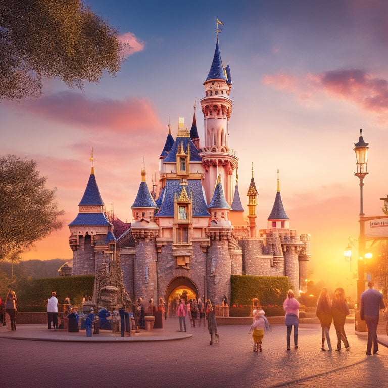 An illustration of the Disneyland castle at sunset, with a subtle Idaho state flag incorporated into the architecture, surrounded by happy families and iconic Disney characters amidst a warm, golden light.