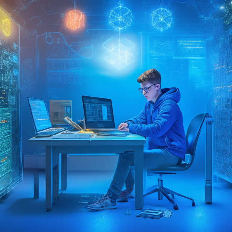 A stylized illustration of a high school student sitting at a desk surrounded by digital devices, with math problems and formulas projected onto the walls and floor, amidst a subtle background of circuit boards and coding lines.