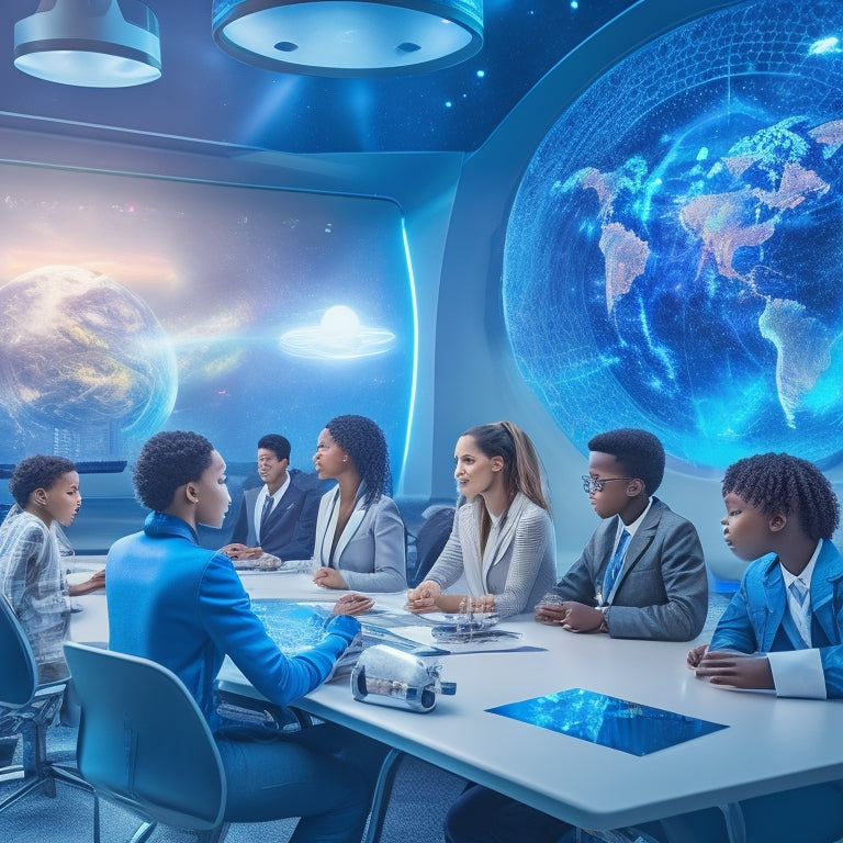 An illustration of a futuristic classroom with holographic molecules, robots, and coding screens surrounding a diverse group of students, with a 3D model of the Earth and a spaceship in the background.