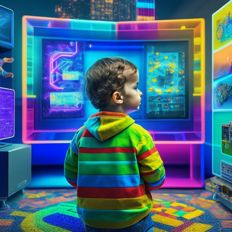 A colorful illustration of a curious child surrounded by five distinct digital screens, each displaying a unique puzzle, maze, or brain teaser, with subtle hints of coding, robotics, and STEM elements.