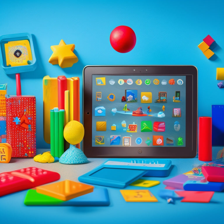 A colorful illustration of various tablets with kid-friendly interfaces, surrounded by toys, books, and crayons, on a playful background with subtle learning icons, such as ABC blocks and stars.