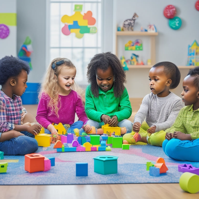 A colorful, clutter-free playroom with a diverse group of happy children (ages 4-8) engaged in various math-based activities using toys, blocks, and puzzles, surrounded by thought bubbles with math symbols.