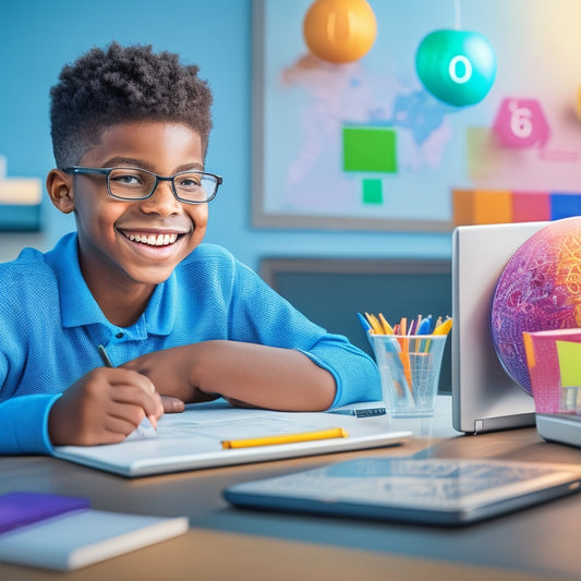 A colorful, modern illustration of a smiling 6th-grade student sitting at a desk with a laptop, surrounded by math symbols and shapes, with a subtle background of a virtual whiteboard.